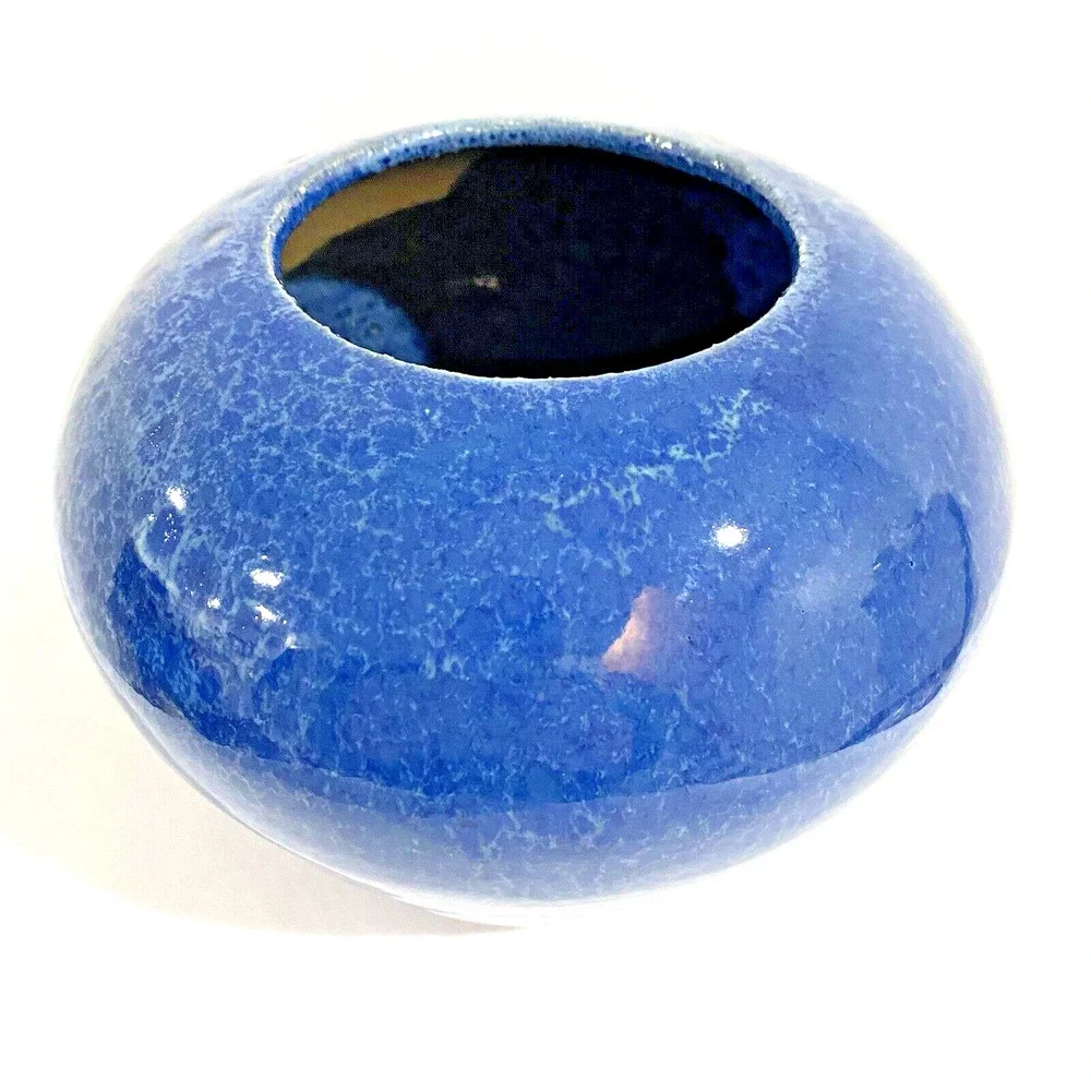 Studio pottery flower pot vase planter deep blue ovoid organic cottage farmhouse